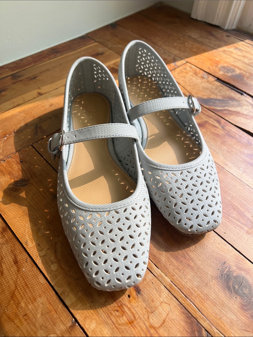 J. Crew Light Gray Mary Jane Flats with Laser-Cut Flower Pattern